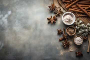 Fototapeta na wymiar Rustic kitchen mockup with winter spices, baking utensils, and a snowflake
