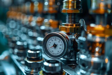 Sharp industrial image showcasing a single pressure gauge among a series of valves in a machinery setup