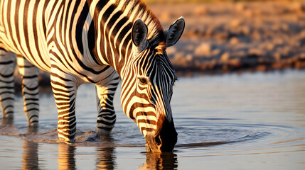 Fototapeta na wymiar A zebra leans down to drink from a tranquil pond, African savanna. Generative AI
