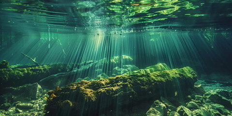 The ocean floor is covered in algae and the sun is shining on the water a forest with trees and the sun shining on it.AI Generative - obrazy, fototapety, plakaty