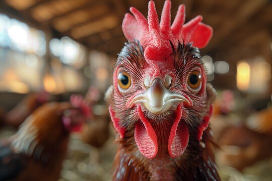 This image captures the intense gaze of a hen, with its vibrant red comb and wattle, giving a glimpse of life in a barn