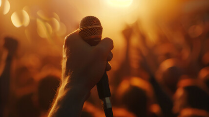 Singer hold microphone perform concert on stage with audience at night club , night life .