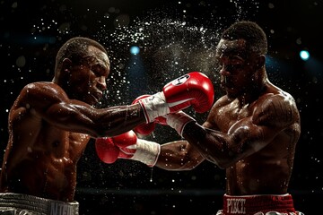 Intense boxing scene capturing the decisive moment of powerful punches in a dynamic display of athleticism and competition
