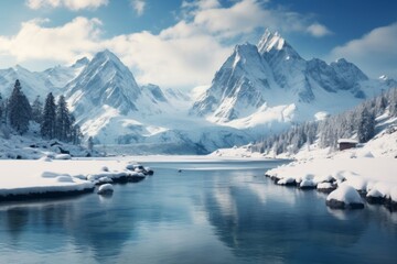 A calm lake surrounded by snow-covered peaks in a winter wonderland