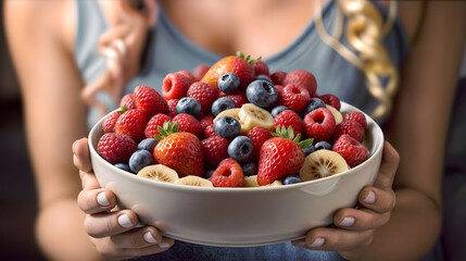 A woman holds a bowl filled with berries and sliced fruits. Generative AI.