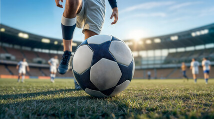 Fototapeta premium Footballer precise control over the ball of the game at stadium, Generative AI