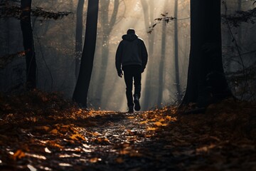 A close up of a person's feet walking through a misty forest