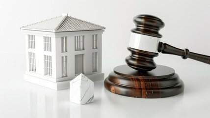 A minimalist, white cube miniature house next to a pure, white marble gavel, set on a seamless white background, representing purity and justice in law.