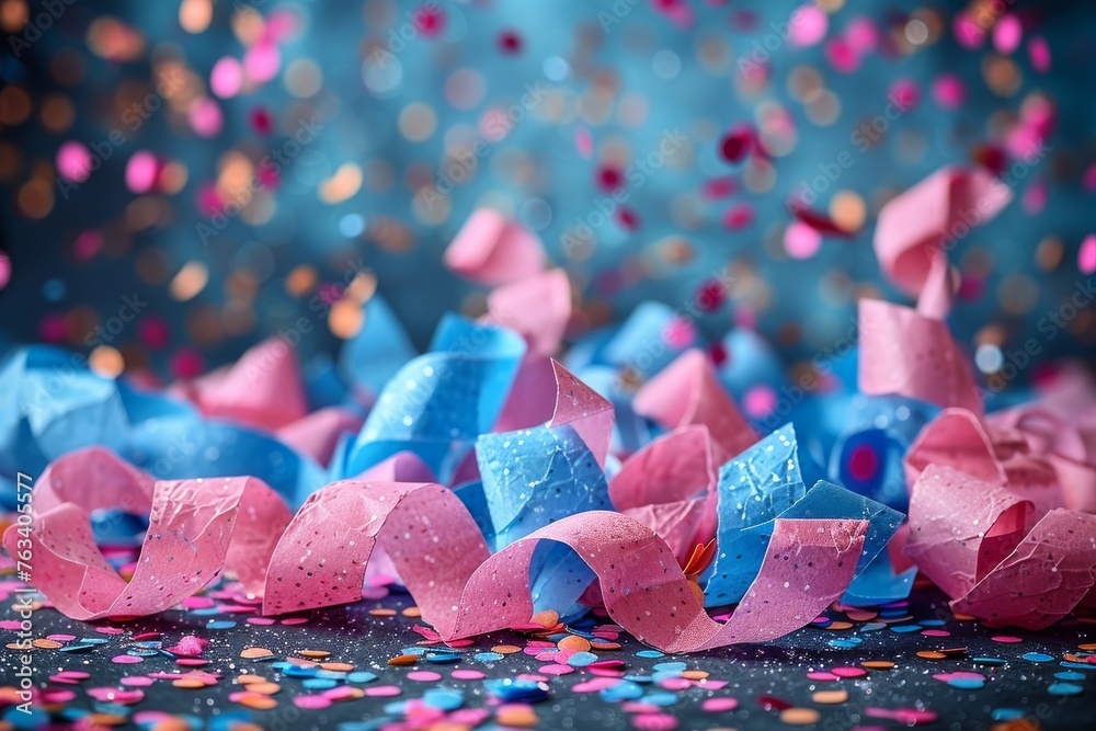 Poster dynamic and colorful streamers in front of a bokeh background filled with confetti suggest a celebra