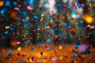An abundance of vibrant confetti frozen mid-air, giving a joyous and celebratory mood to festivities