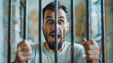An astonished man in prison holding the bars with his hands - obrazy, fototapety, plakaty