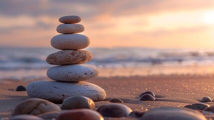 Pebble pyramid set against the tranquil twilight of a beachfront
