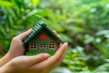 A pair of hands holding a miniature eco-friendly house, complete with a tiny red heart on the green roof, set against a blurry background of a lush, green forest.