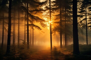 A mesmerizing shot of a misty forest during dawn, where the rising sun paints the foliage in shades of gold and amber