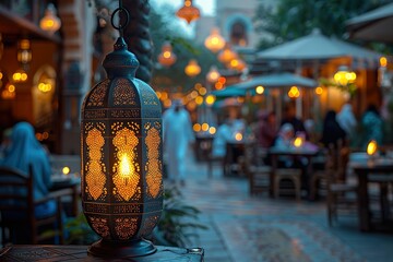 Illustration of lantern in focus with blur family gathered around for an iftar meal during ramadan