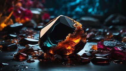 Unique black crystal with a striking fiery orange and yellow pattern resembling a scene of mystique and transformation - obrazy, fototapety, plakaty