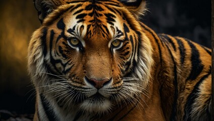 Naklejka premium A powerful portrait of a majestic tiger with a fierce gaze, set against a dark, moody background