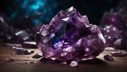A stunning large purple amethyst crystal sits majestically on a wooden table with smaller crystals scattered around