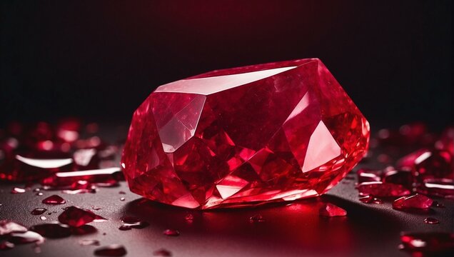 A radiant red ruby crystal stands out among tiny ruby fragments on a black backdrop exuding luxury and beauty