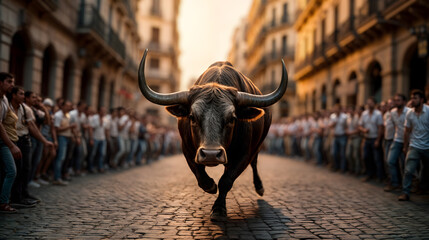 The streets of Pamplona whit the bulls through, during San Fermín. Generative AI