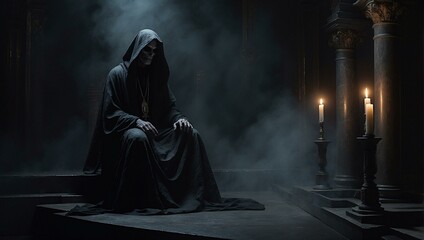 The enigmatic image captures a cloaked figure set against a backdrop of moody candlelight, evoking a sense of mystery and historical drama