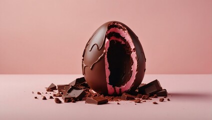A visually stunning broken chocolate egg revealing an unexpected bright pink filling against a minimalist background