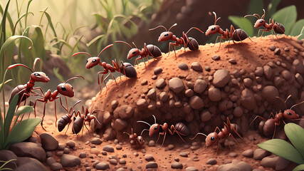 ants and their anthill children's cartoon illustration