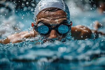 Intense close-up shot of a swimmer mid-stroke in a race, showcasing the power and energy of competitive swimming - obrazy, fototapety, plakaty