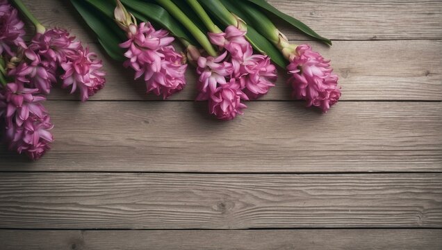 A group of bright pink hyacinth flowers against a contrasting wooden backdrop indicating spring's arrival