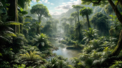 Lush tropical rainforest adorned with abundant foliage an a river. Generative AI