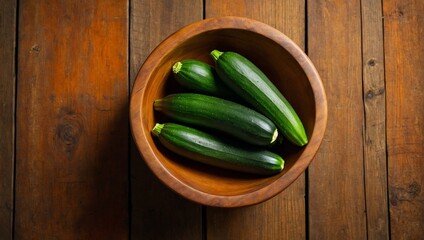 Fresh green zucchinis presented in a wooden bowl against a warm wooden backdrop