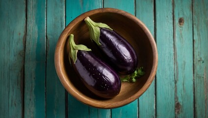 Two shiny purple eggplants nestled in a wooden bowl set on a blue wooden tabletop