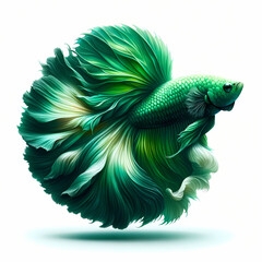 Photo of a betta fish that appears to glow with a vivid green color. The fish should be shown in...