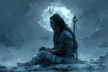 Illustration of lord shiva in a meditative pose against the backdrop of a night sky with a full moon - obrazy, fototapety, plakaty