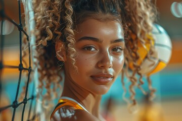 Portrait of a curly-haired young woman with a volleyball net background, focusing on her confidence...