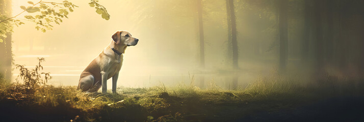 A hunting dog sits in the forest on the shore of a lake. Early morning, fog. Banner, panorama. Website header. Copy-space.