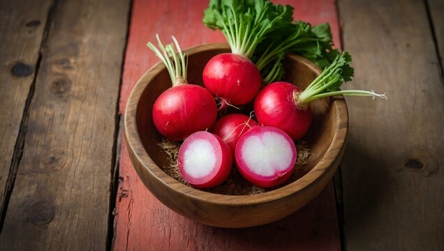 A wooden bowl holds freshly picked red radishes with green tops, evoking ideas of growth and health