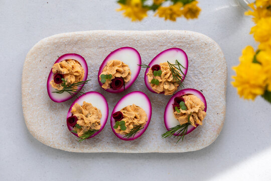 Beetroot pickled devilled eggs, easter canapes