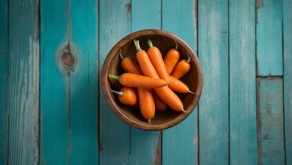 A simplistic and serene overhead shot of orange carrots in a wooden bowl set on a blue wooden surface