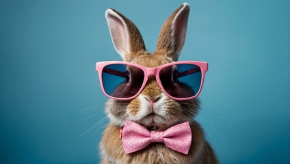 An adorable rabbit wearing fashionable pink shades and a bow tie for an Easter-themed shoot