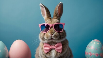 A cute bunny rabbit posing with pink sunglasses and a bow tie amongst pastel Easter eggs