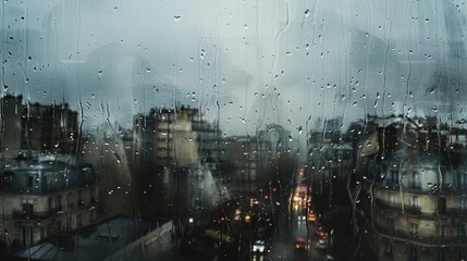 a rainy urban day behind the window painted with light silver sprays --ar 16:9 --style raw Job ID: 4fd1a10c-c594-4380-9038-48dd13b80533