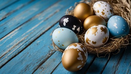 Naklejka na ściany i meble Artisanal Easter eggs with gold foil patterns peacefully resting in a straw nest against a blue wooden backdrop