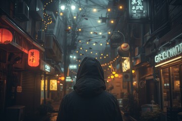 Hooded Figure in Atmospheric City Night Lights