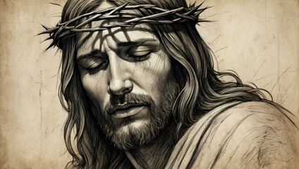 Artistic illustration of a Jesus with a crown of thorns, evoking a sense of solemnity and reflection - obrazy, fototapety, plakaty