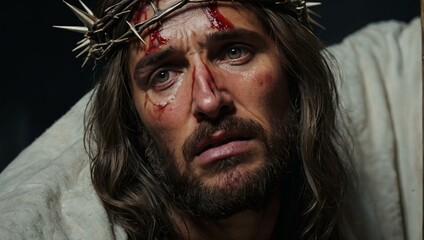 A portrayal of Jesus Christ with a thorny crown, showing pain and humanity