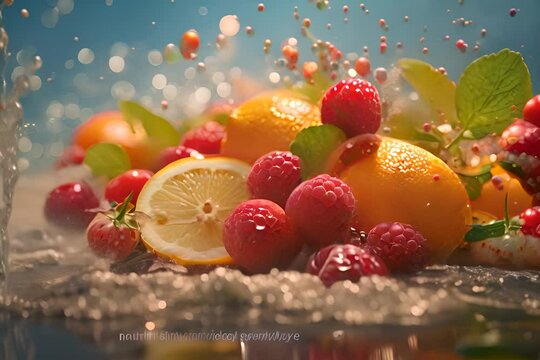 Juicy fruits, citruses and berries poured by water in studio as healthy and nutricious food background