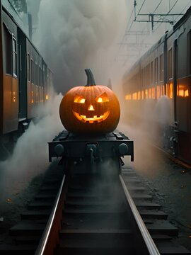 Creepy halloween jack-o'-lantern pumpkin on a railway cart riding through fire and smoke moving slowly