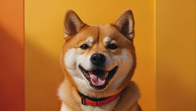 An adorable Shiba Inu dog grinning with its tongue out, sitting against an orange wall showing off its red collar