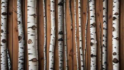Seamless pattern of birch tree trunks with their distinctive bark, set against a light backdrop